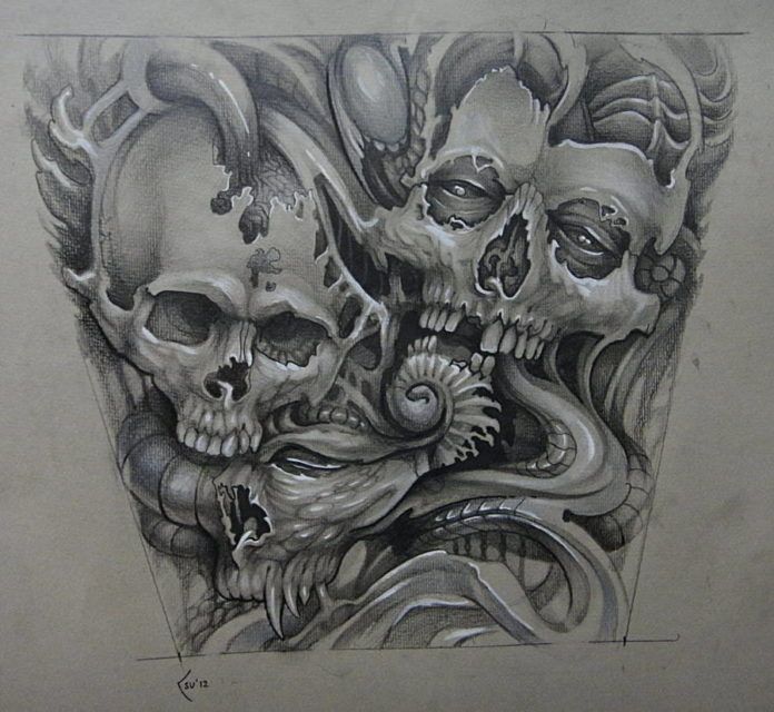 Tattoo artist Xenija brings her organic style to this drawing of skulls and alien tentacles
