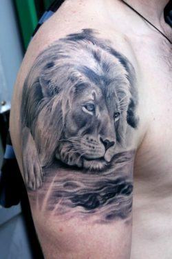 Tattoos of lions can represent justice and wisdom. In this tattoo, the lion stares peacefully