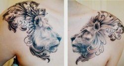 This beautiful tattoo of a lion and lioness incorporates heraldic designs to add to the symbolism of royalty