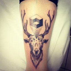 A deer with six eyes projects an image of an impossible object illusion in this dotwork tattoo by Gregorio Marangoni