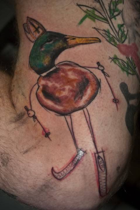 A skiing duck wears a pop hat in this scratchy, artistic abstract tattoo by German artist Sven Groenewald