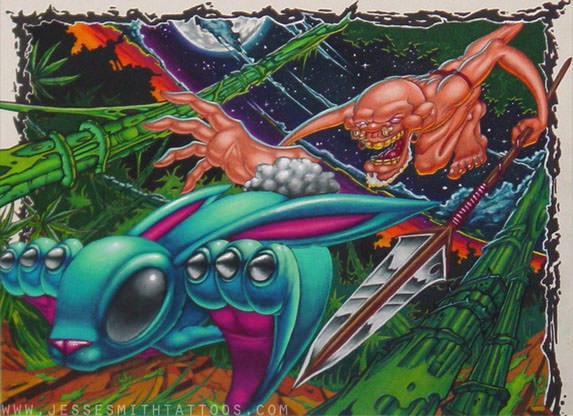 A tribal alien man chases a blue rabbit in this painting by tattoo artist Jesse Smith