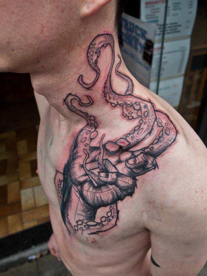 German tattoo artist Sven Groenewald creates an abstract, scratchy tattoo of a hand turning into tentacles