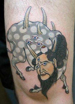 Hide Ichibay tattoos a Japanese monster with the body of a bull, head of a man and eyes in its side