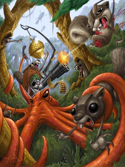 Squirrels go to war to fight for the golden acorn in this new school painting by tattoo artist Jesse Smith