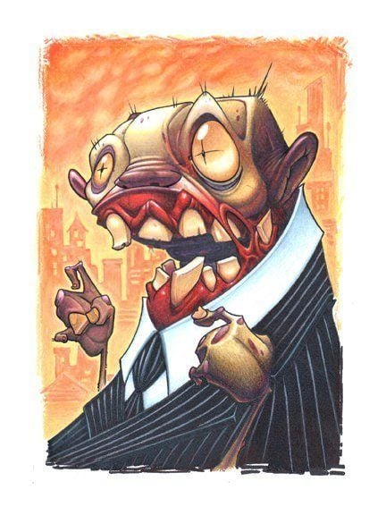 Tattoo artist Jesse Smith draws a new school style caricature of a business man