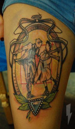This love tattoo by Jukan celebrates realtionships and rollerskates