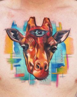 In real life, giraffe's are covered in short hair similar to that of horses. In this tattoo design of a giraffe with three eyes, the animal lacks its natural texture, a design technique that adds to the surrealistic nature of this tattoo design.