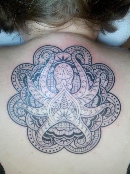 This mehndi octopus tattoo resembles the art style commonly used in henna tattoo designs