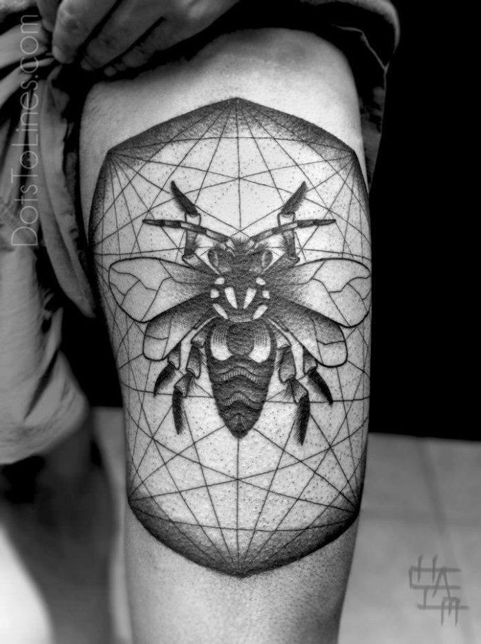 Chaim Machlev combines nature and geometry in this dotwork tattoo of a bee