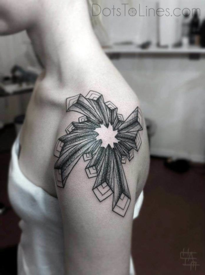 Chaim Machlev distorts perspective and reality in this geometric dotwork tattoo