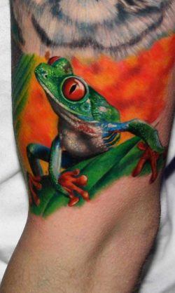 This bright, cute and colorful tree frog tattoo by Carlox Angarita is a bold statement for nature lovers