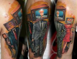 A crowd of people with televisions in place of their heads is the subject of the photo realistic surrealist tattoo by Nadelwerk