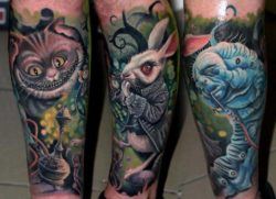 Characters from the fantasy film Alice in Wonderland come alive in this photo realistic surrealist tattoo by Nadelwerk