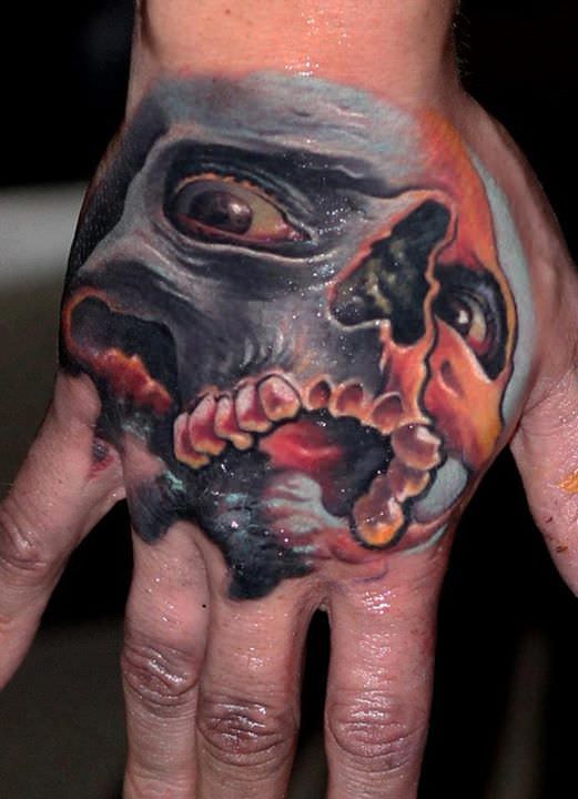 Tattoo studio Nadelwerk gives a photo realistic skull a surrealist effect with living human eyes