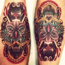 No matter which direction you look at this tattoo from, you can see either a human or monster face, by Karl Wiman