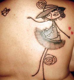 A beautiful girl poses in this abstract cartoon tattoo by French Avante Garde artist Noon