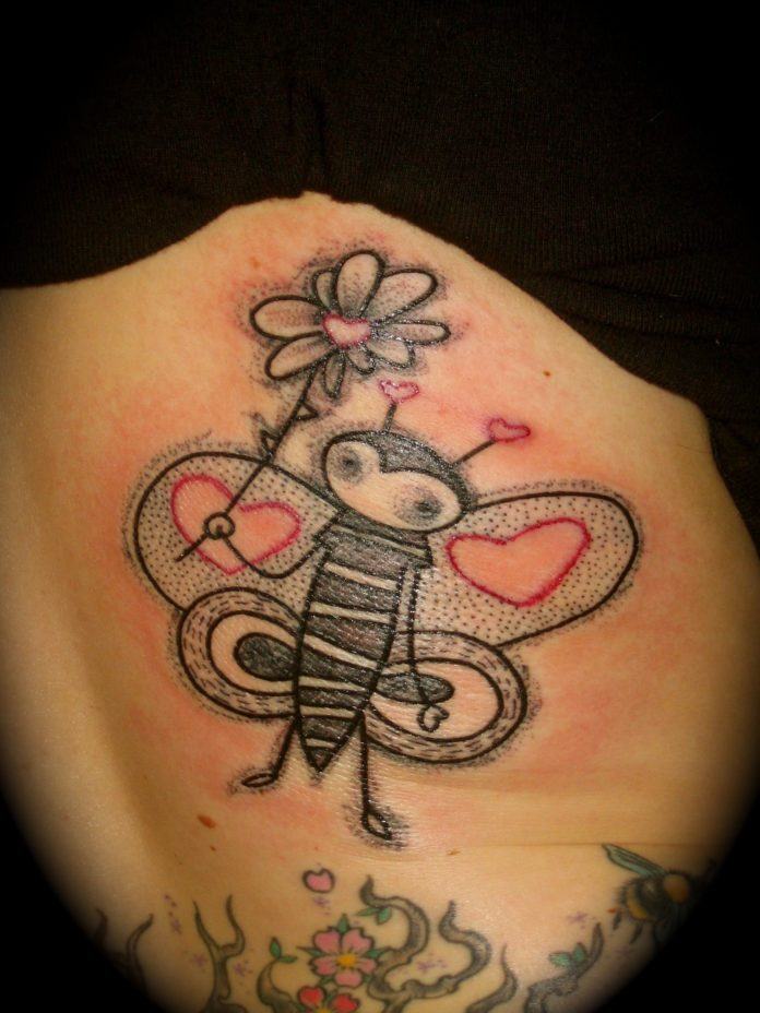 A cute bee with hearts on its wings takes shape in this abstract character tattoo design by Noon