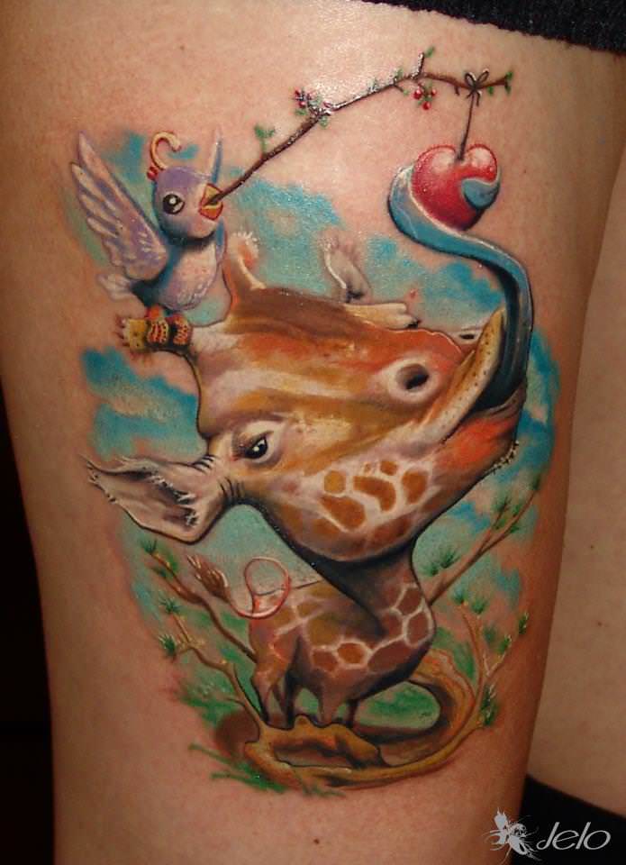 A giraffe eats a heart off a branch in this funny pop surrealist tattoo by Gábor Jelencsik