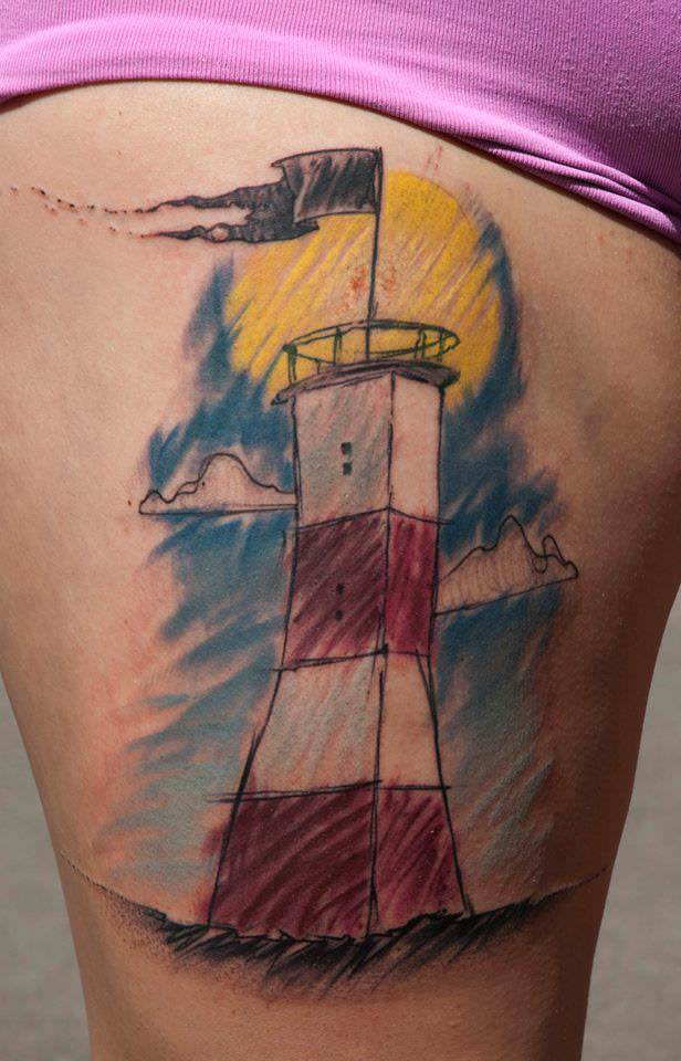 A sketch of a lighthouse in color pencil becomes a symbolic tattoo by Csiga