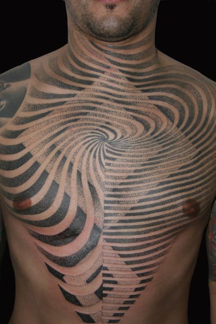 Flowing lines and sharp edges converge in this sacred geometry tattoo in a dot work style by Nazareno Tubaro
