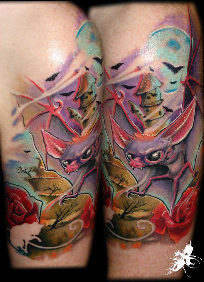 Gábor Jelencsik creates a humor and horror tattoo in one in this new school bat tattoo