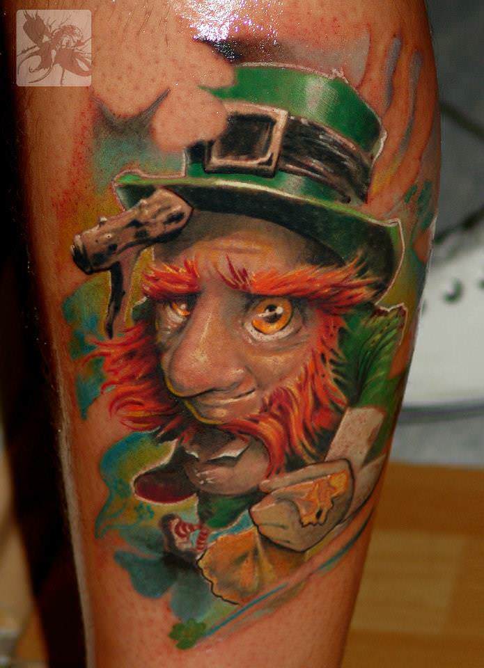 Gábor Jelencsik tattoos an Irish leprechaun in bright colors in this pop surrealist tattoo design