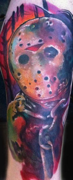 Horror celebrity Jason gets a colorful life in this artistic tattoo by Guil Zekri