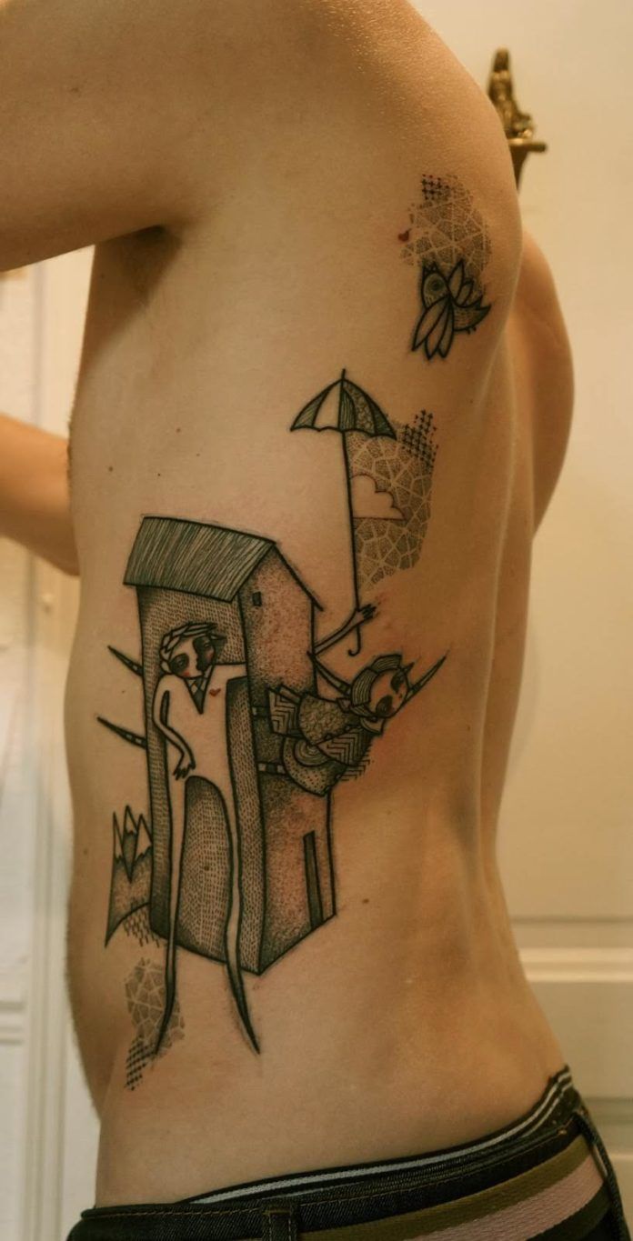 Tattoo artist Noon uses abstract geometric design to symbolize family and home in this black ink tattoo