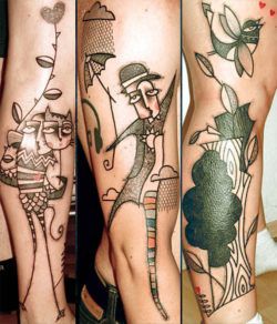 Tattoo artist Noon uses pattens and solid areas of color to give his abstract people and animal tattoos visual appeal
