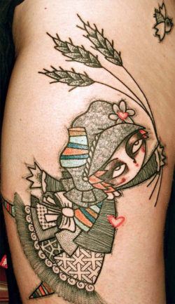 This cute character tattoo of a little farm girl is by French artist Noon who works in an abstract avante garde style