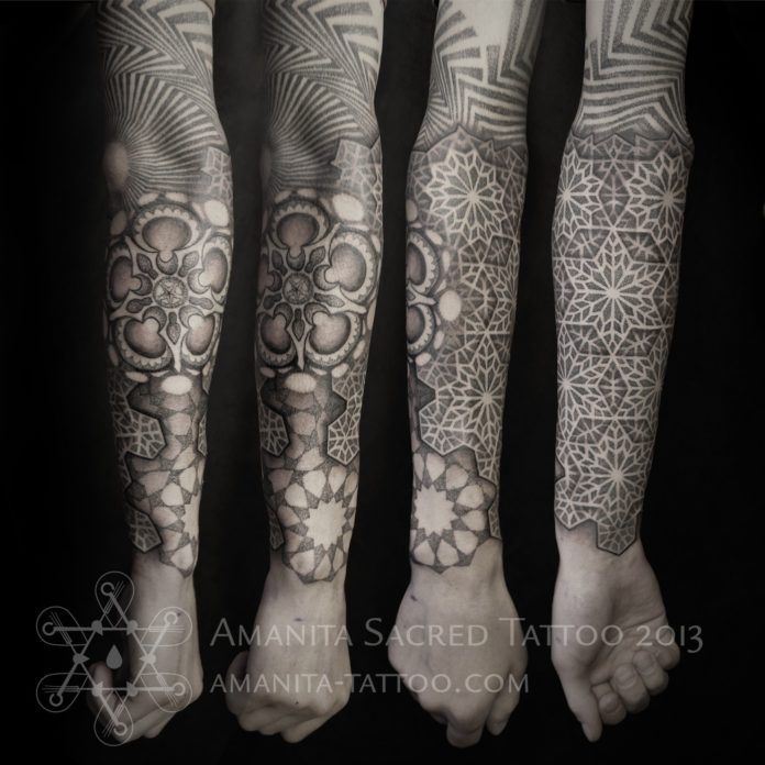 Russian tattoo artist Mike Amanita uses sacred geometry and mandalas to create this esoteric sleeve tattoo