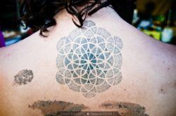This mandala tattoo is made up of individual circles which the tattoo artist has celeverly shaded with tiny dots
