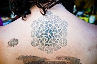 This mandala tattoo is made up of individual circles which the tattoo artist has celeverly shaded with tiny dots