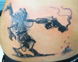 A killer robot destroys a bird in this humorously macabre robot tattoo design
