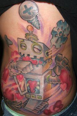 This new school robot tattoo shows a robot who is so filled with love that he is puking hearts