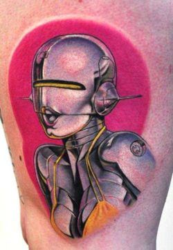 UK tattoo artist Bez creates a sexy robot pinup girl tattoo with feminine colors and a come hither expression