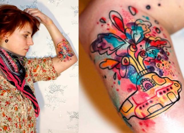 Petra Hlaváčková gives the Beatles' Yellow Submarine an abstract makeover in this colorful tattoo