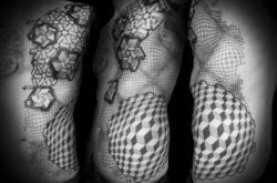 Using geometric shapes, Deliperi makes it appear that the skin bulges and creases in unrealistic ways
