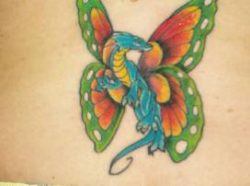 A dragon with butterfly wings is the subject of this cerative animal hybrid tattoo design