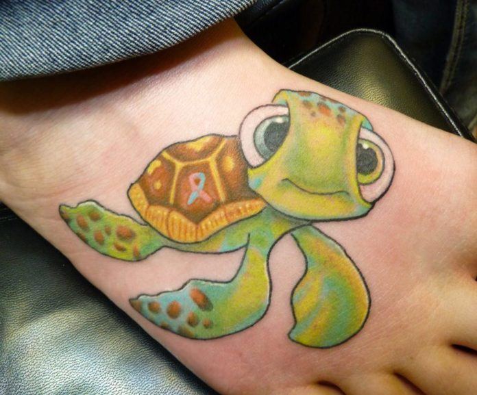 The adorable baby turtle, Squirt, from Finding Nemo becomes a forever friend in this cute and colorful foot tattoo