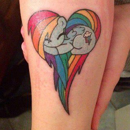 This cute tattoo features a manga style My Little Pony has a rainbow color mane that forms a heart shape