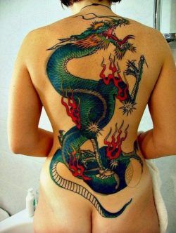 This full back tattoo of a Chinese dragon symbolizes power, beauty and grace