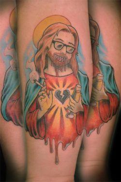 A vampire Jesus smokes and drinks alchohol in this anarchist anti-religion tattoo by Cavan Infante
