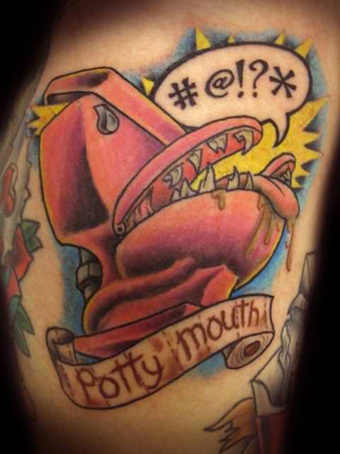 Cavan Infante creates a visual image for the insult Potty Mouth in this funny trash pop tattoo