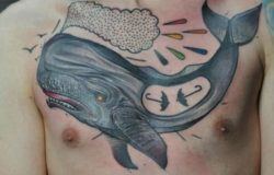 Tattoo artist Mark Halbstark combines abstract ideas with real world elements in this whale tattoo