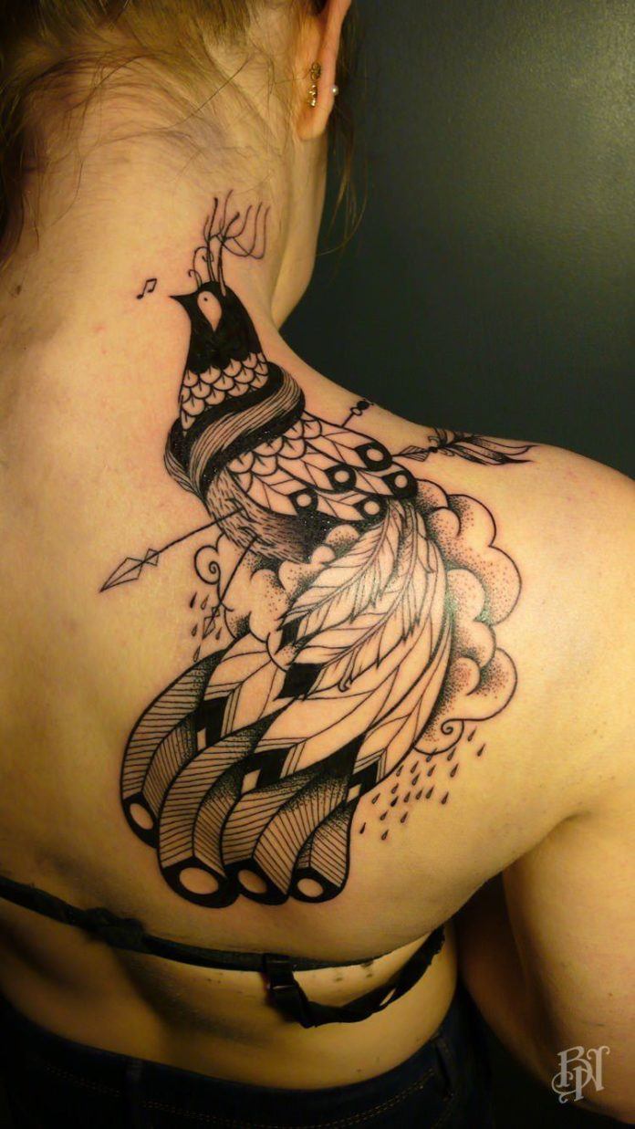 This fantasy tattoo by Supakitch features a bird with antlers that has been pierced with arrows but still sings