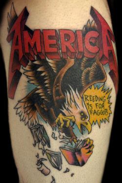 This funny tattoo by Cavan Infante of an illiterate American eagle has a Team America attitude about it
