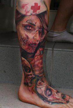 A sexy zombie nurse isn't interested in taking your temperature - tattoo by Mario Hartmann