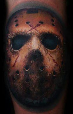 Berlin tattoo artist Mario Hartmann inks a photo realistic portrait of Jason from cult horror film Friday the 13th